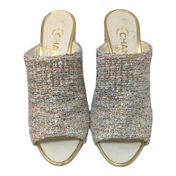 Chanel 2018 Mules Metallic Tweed Interlocking CC Logo Slide Neutral 37.5 - Picture 4 of 14